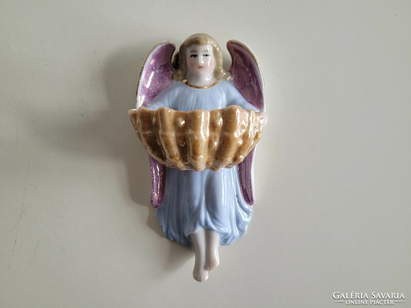 Régi antik porcelán kagylót tartó angyal fali szenteltvíz tartó eozinos falidísz kegytárgy