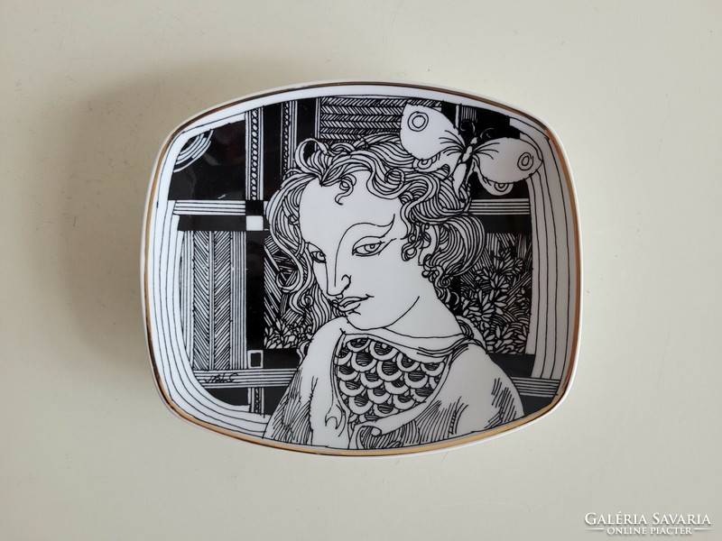Old Hólloháza porcelain Saxon endre female portrait square decorative bowl with butterfly