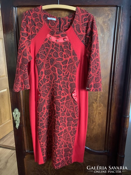 Piros-fekete pamut női ruha - 46-os hosszú ujjú