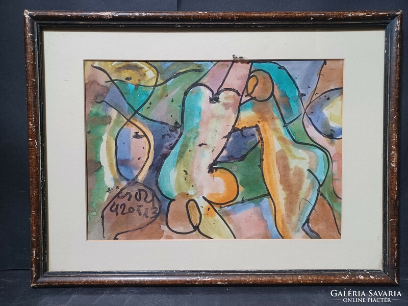 Németh Miklós akvarell (kerettel 40x30 cm) szignózott, erotikus