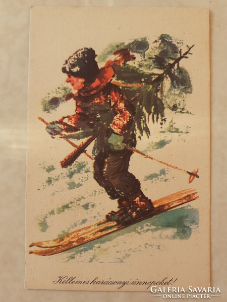 Old Christmas postcard 1959 picture postcard of a pine tree skier