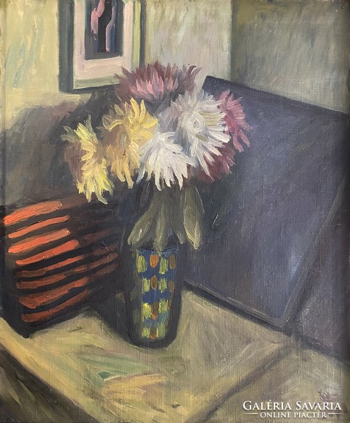 Floral still life with oil on canvas