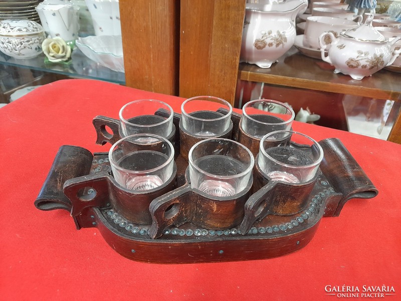 Retro leather, glass handmade set of 6 drink glasses.