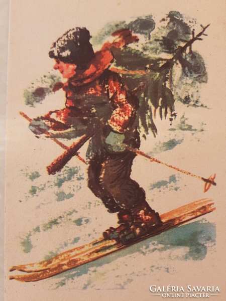 Régi karácsonyi képeslap 1959 fenyőfa síelő rajzos levelezőlap