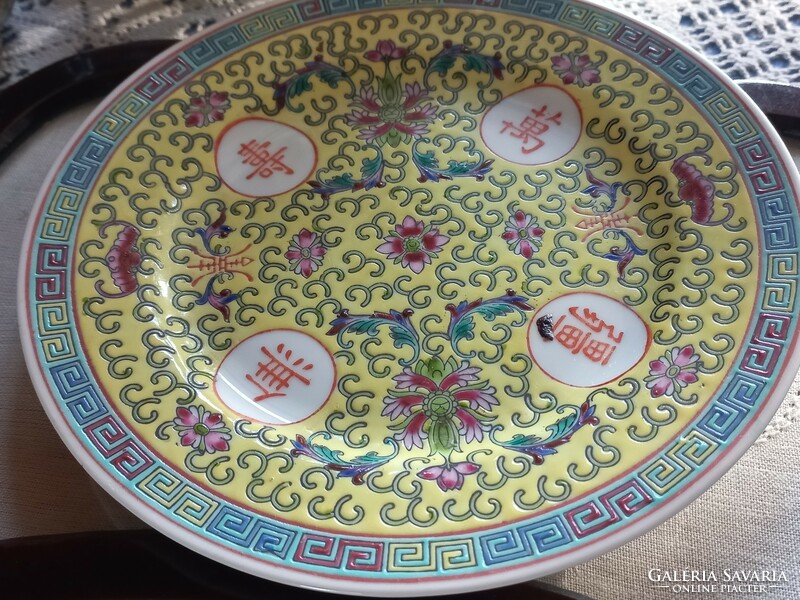 Hand painted famille jaune-yellow plate with longevity pattern