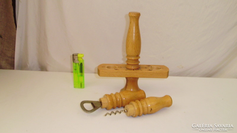 Retro corkscrew, beer opener set in holder - wood