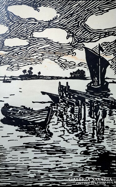 Rauleder: ships at the pier (69x50 cm) linocut or woodcut? Foreign graphic artist