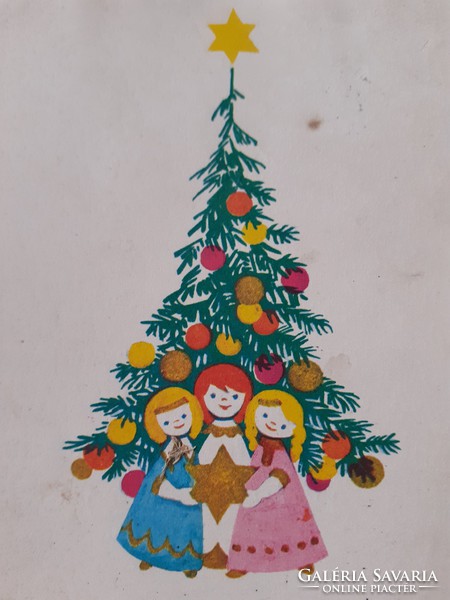 Régi karácsonyi képeslap karácsonyfa motívumos rajzos levelezőlap