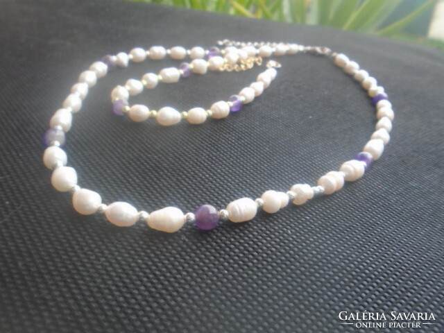 100% natural pearl and amethyst stone addition necklace and bracelet set