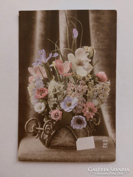 Régi virágos képeslap levelezőlap virágkosár