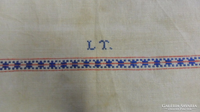 Hand hemmed! Old, folk woven, blue monogrammed, linen tea towel, decorative towel 54 x 76 cm cm
