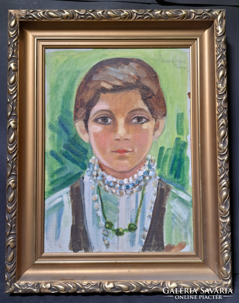 Mannheim Róza: Fiatal lány gyöngyfüzérrel (kerettel 44x35 cm) olajfestmény