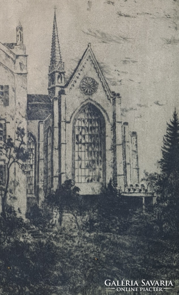 Gothic building (etching with frame 30x40 cm) church? Medieval Architecture - Unidentified Artist