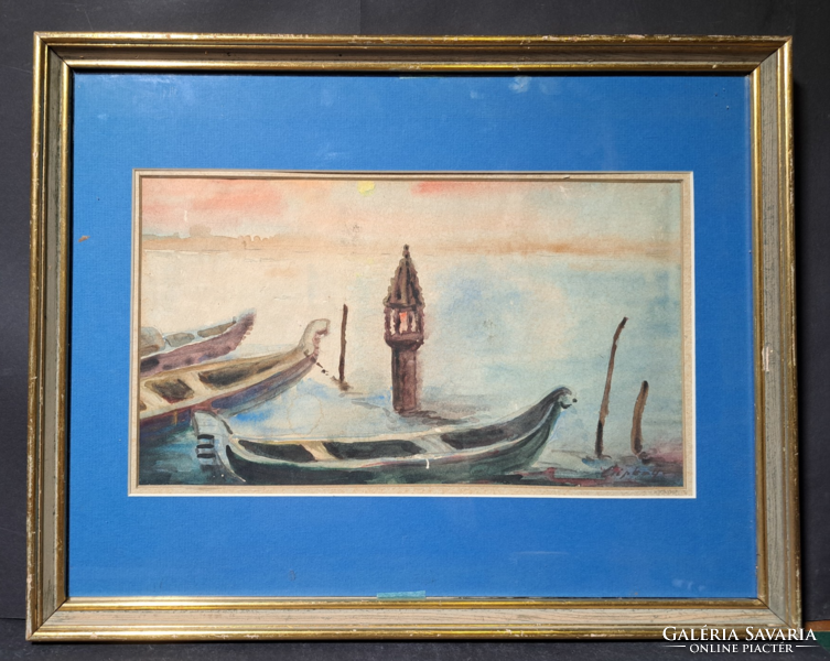 Velencei kikötő (kerettel 47x37 cm) Csipkay (?) jelzéssel, akvarell - hajózás, csónakok, gondolák