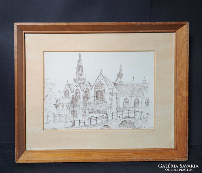 Oude Kerk, Amszterdam legrégebbi épülete - Kees Arntzen (1957-) tollrajza (34x28 cm)- Hollandia