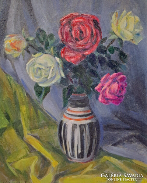 János Kálmánfi (1921-2006) rose still life (oil painting with frame) flowers