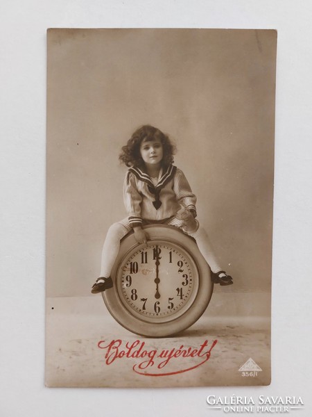 Old New Year's card photo postcard little girl midnight hour