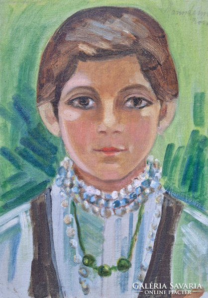 Mannheim Róza: Fiatal lány gyöngyfüzérrel (kerettel 44x35 cm) olajfestmény
