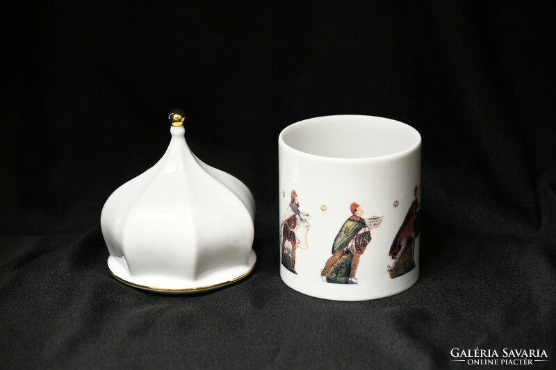 Hollóházi három királyok porcelán bonbonier - Gulyás Kati design - kupolás fedéllel