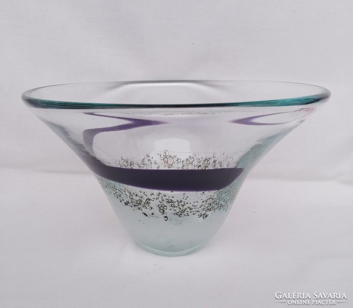 Large, heavy, Murano-style glass fruit bowl with silver bubble effect