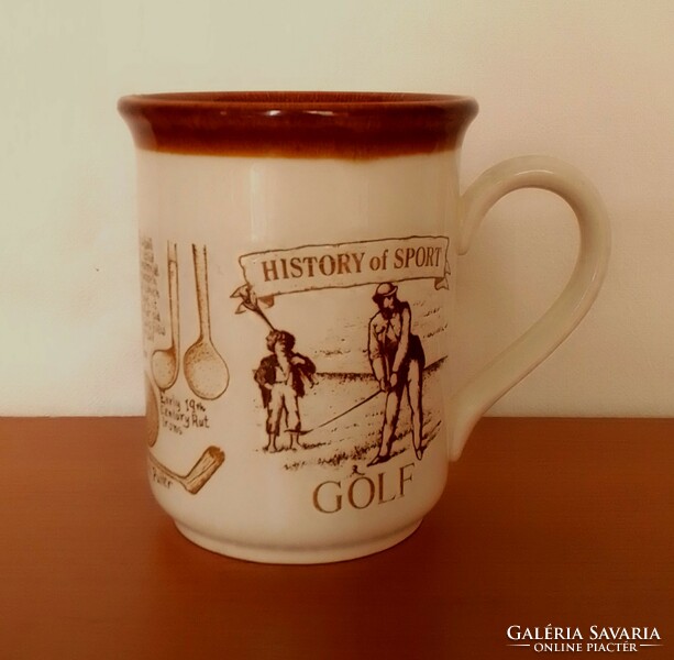 Golf Scene English Staffordshire Tea Coffee Ear Ceramic Stoneware Mug Cup, Golf Ball Racket