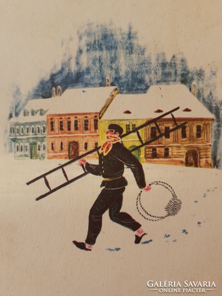 Régi újévi képeslap 1965 rajzos levelezőlap kéményseprő havas táj