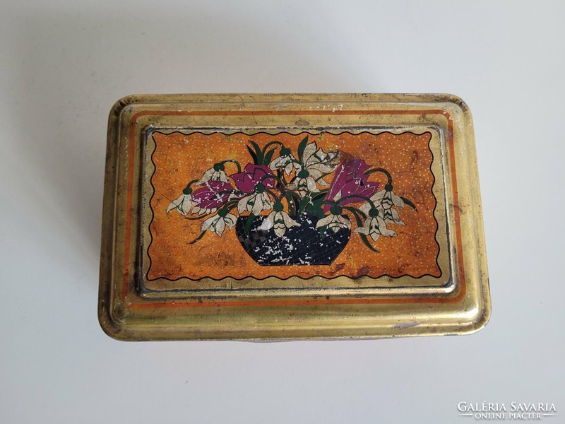 Old metal box with snow flower pattern, vintage Saint Stephen chicory coffee supplement box