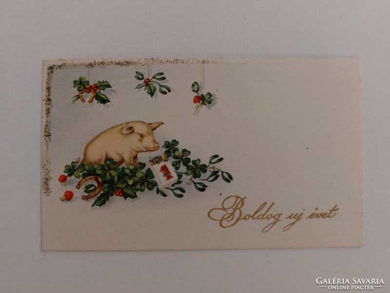 Régi újévi mini képeslap üdvözlőkártya malac lóhere