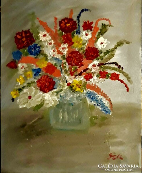 "Virágok vázában", olajfestmény, 50 x 40 cm, farost, szép kerettel, szignózott