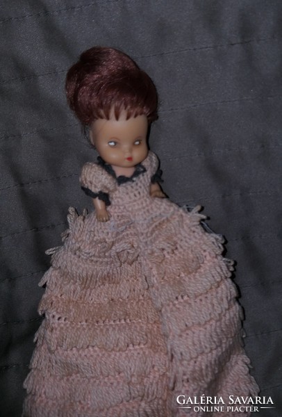 Retro rubber body hairy small doll in German crocheted clothes