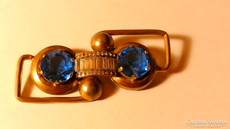 Old, brass, art deco, blue stone brooch 73.
