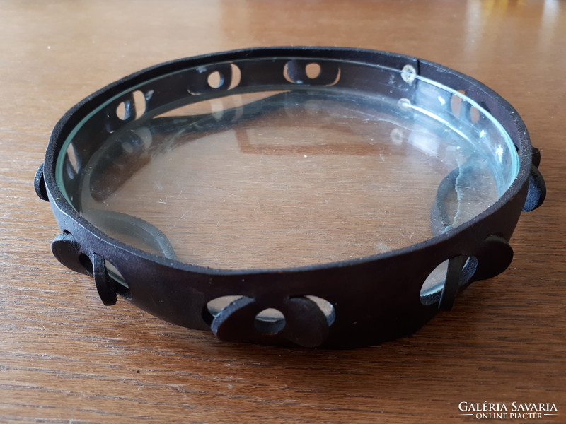 Industrial art bowl with leather frame and glass insert, retro