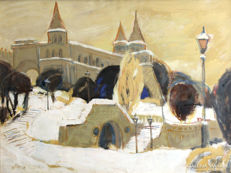 Balogh Ervin (1925-2020) Halászbástya Télen 70x90 | Téli Budapest Városkép Látkép Tájkép
