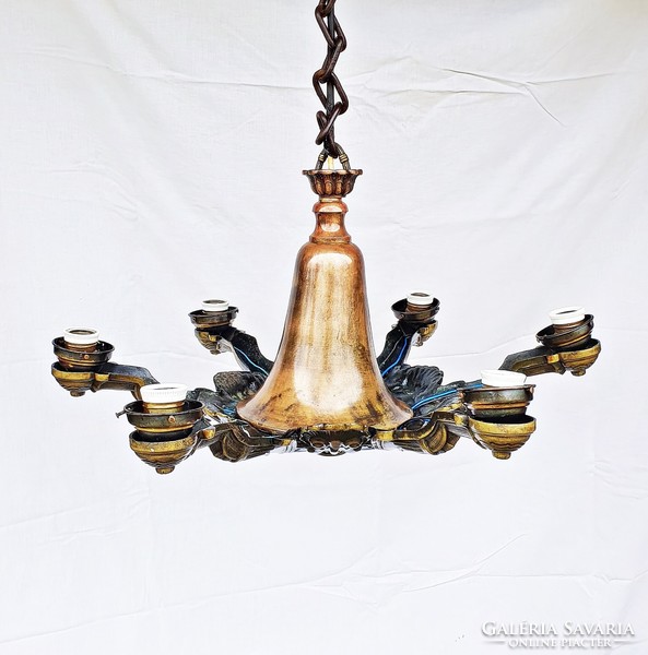 6-branch, old, copper chandelier, flawless, old, with glass shades.