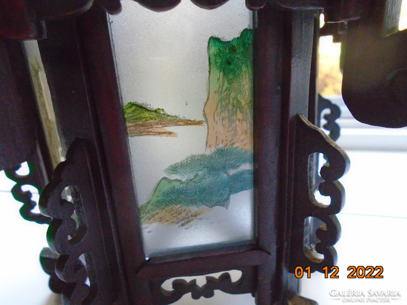 19th Chinese carved lantern with dragon heads and hand-painted glass panels with landscapes