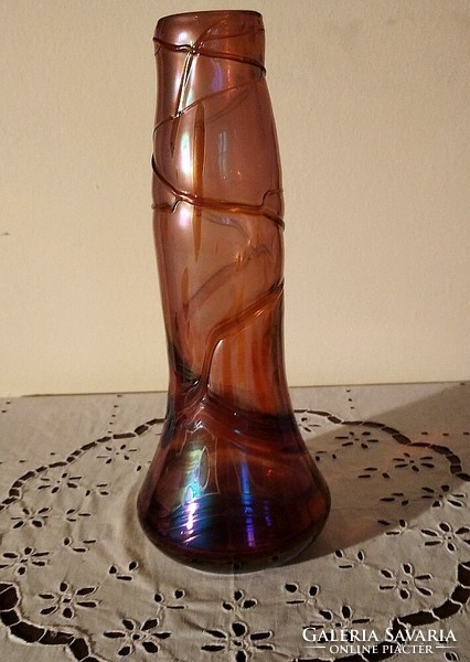 Márton Horváth: beautiful, large, blown, spinoled, iridescent, marked vase - flawless copy!