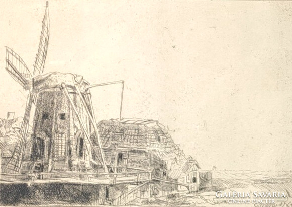 Rembrandt: Windmill (1641) etching copy (with frame 39x33 cm) - after the Dutch master