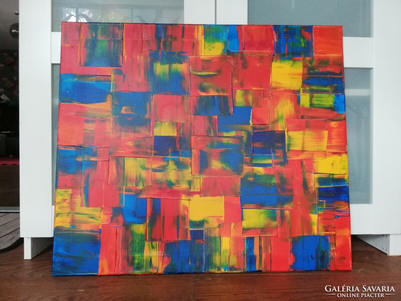 Swiss oil painting blue red yellow orange checkered geometric abstract
