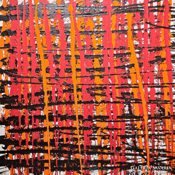 Egyedi absztrakt kompozíció RGF 02 jelzéssel (olajfestmény 80x80 cm) piros, narancs, fekete négyzet