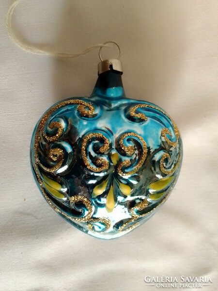 Régi különleges kézzel festett kék arany mintás cseh üveg szív karácsonyfadísz 6 cm