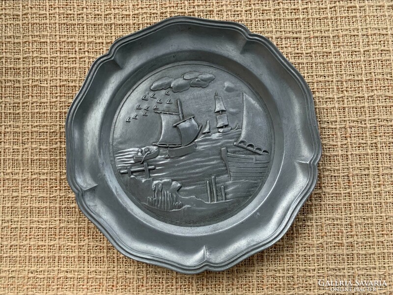 Nautical German pewter/zinn plate, wall decoration, wall plate, marked