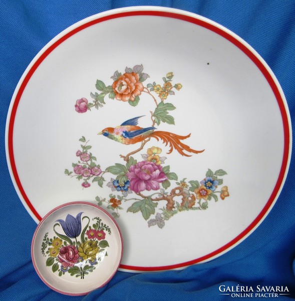 Nem jelzett Zsolnay paradicsom madaras porcelán falitányér + dísztányér, 24,5, 8,5 cm átmérő