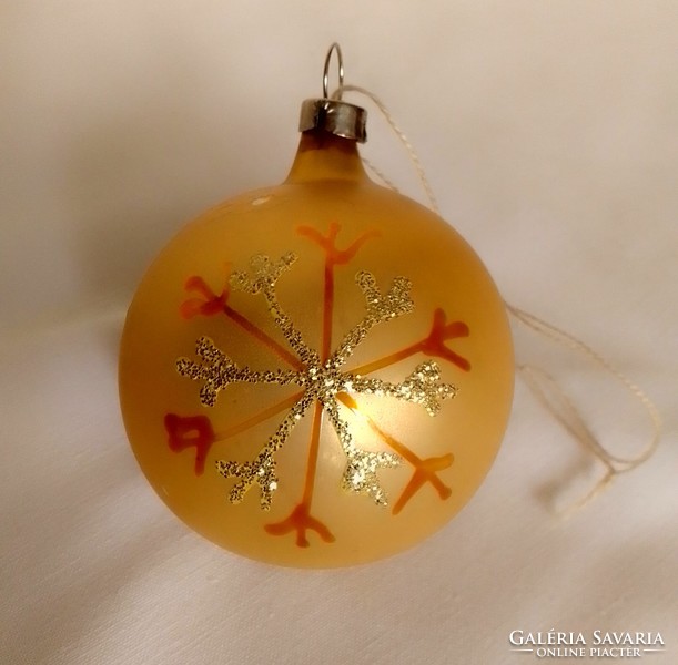 Old Retro Gold Yellow Hand Painted Star Snowflake Craft Glass Sphere Christmas Tree Ornament 6cm