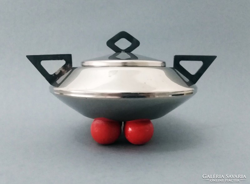 Postmodern metal sugar bowl with lid, 4 red balls on legs, 1980s