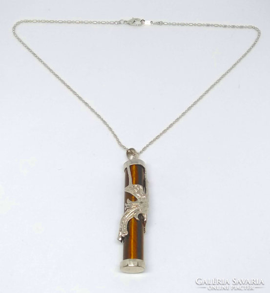 Natural tiger's eye mineral pendant necklace, in a silver-plated peacock socket
