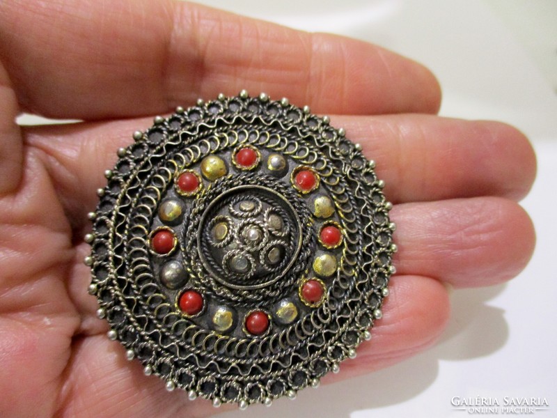 Beautiful antique large silver pendant and brooch with coral stones