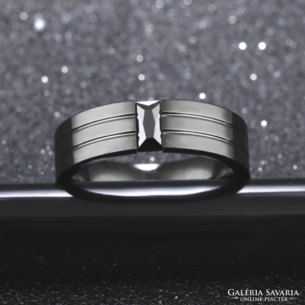 Black titanium men's ring with black faceted crystal 241