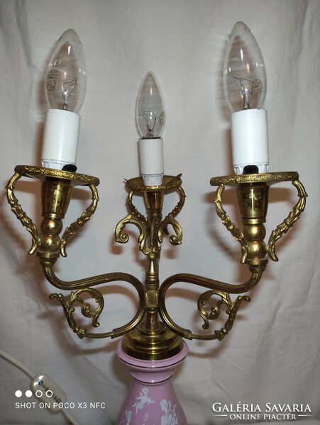 Antique Florentine porcelain scene table bedside lamp with three lights rarity marked original