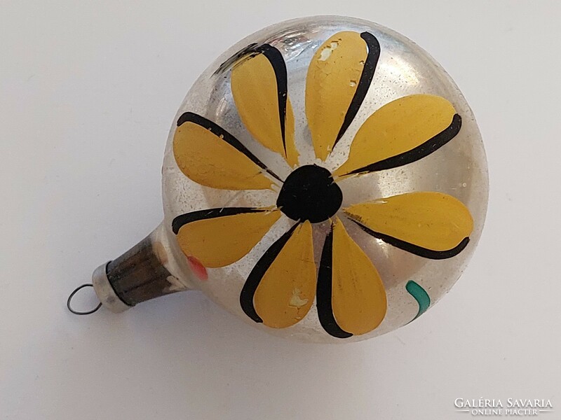 Old glass Christmas tree ornament painted yellow floral sphere glass ornament