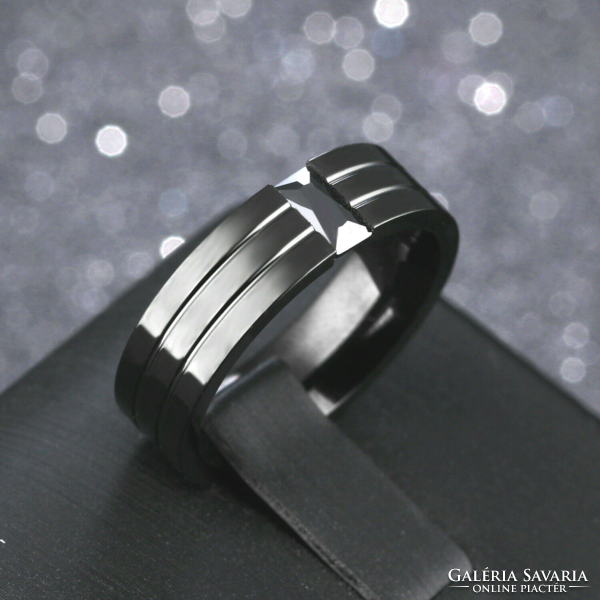 Black titanium men's ring with black faceted crystal 241